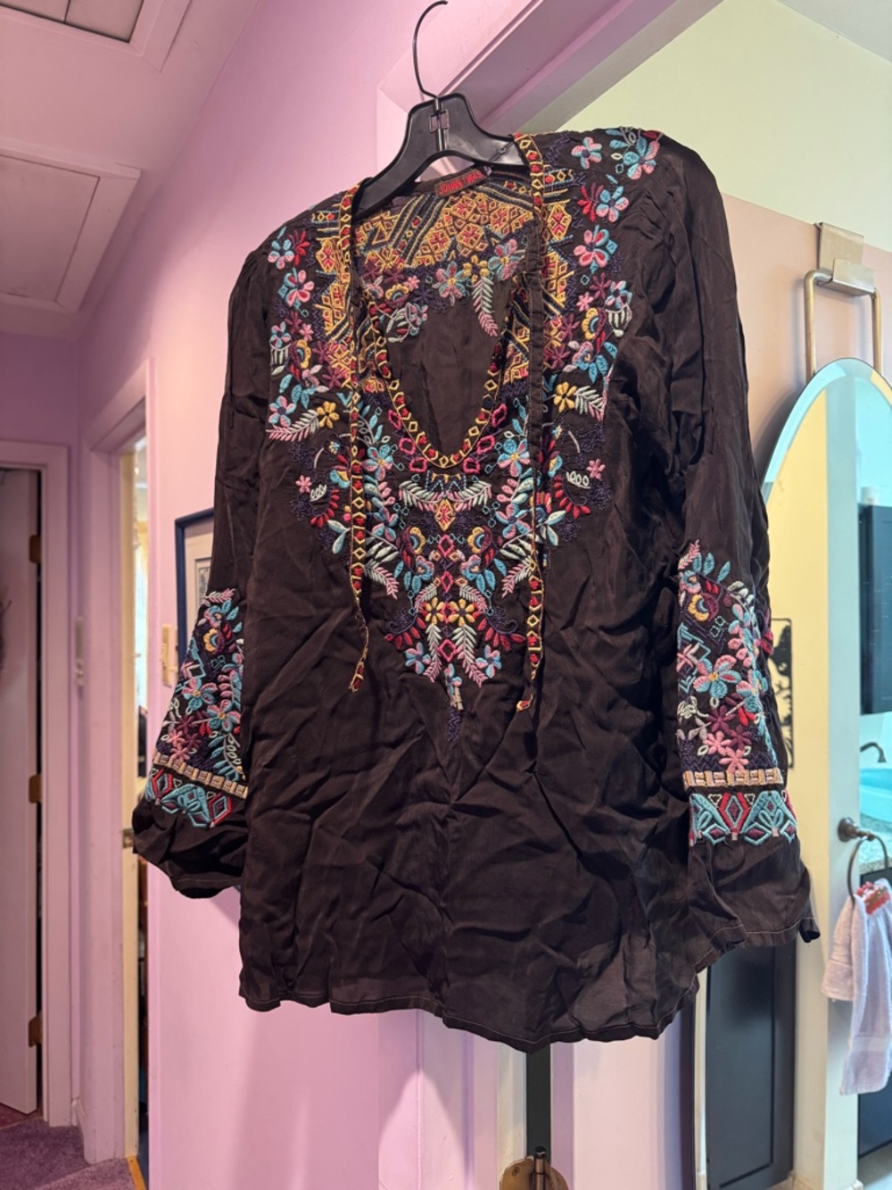 Johnny Was Size L Black Embroidered V-Neck Tunic with Multi-Color Floral Detail - Picture 2 of 9